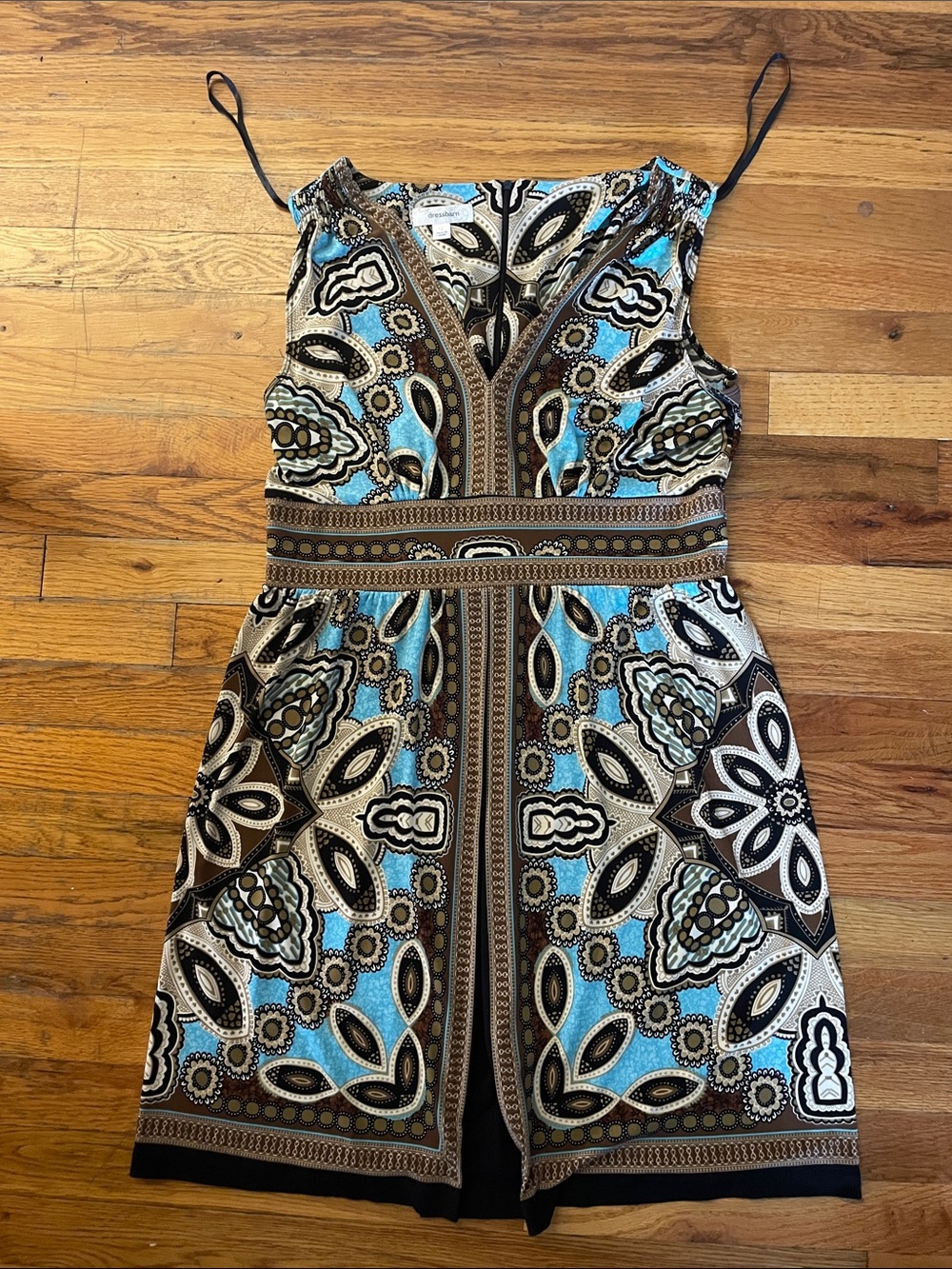 dressbarn Sleeveless V-Neck Mini Dress in Blue, Brown & Cream